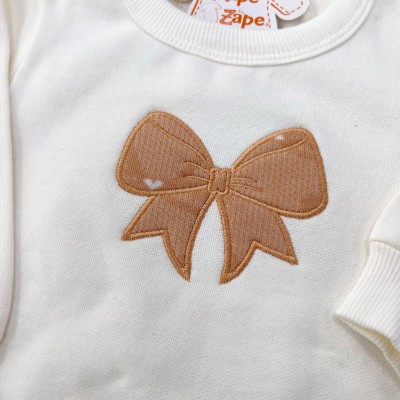 Conj. Casaco de Moletom Laço e Calça Legging Corações - Areia e Off White